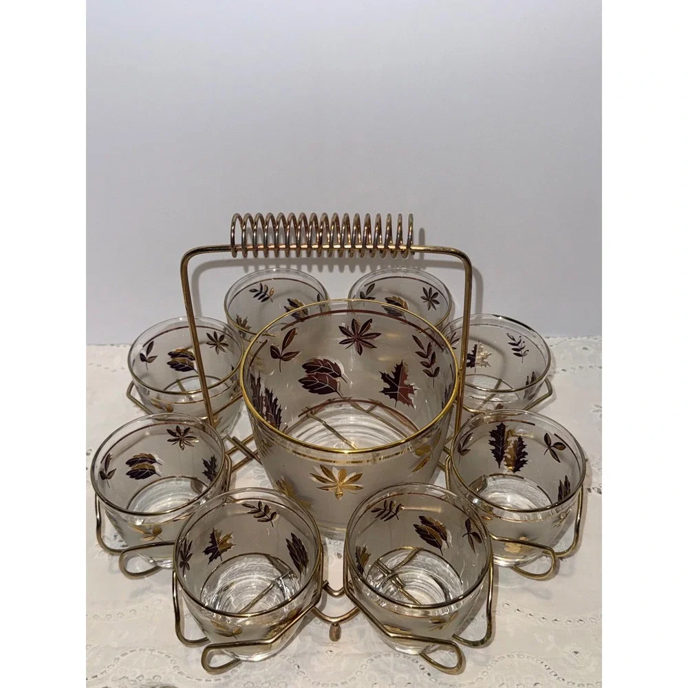 Libbey Golden Foliage 8 Rocks Glasses Ice Bucket Brass Caddy Set Vintage MCM